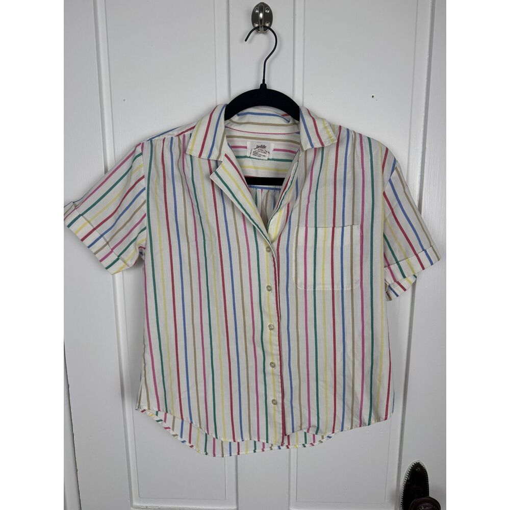 Vintage 80s Rainbow Stripe Blouse Sz 8 Cotton Collared Pocket Petite Projections